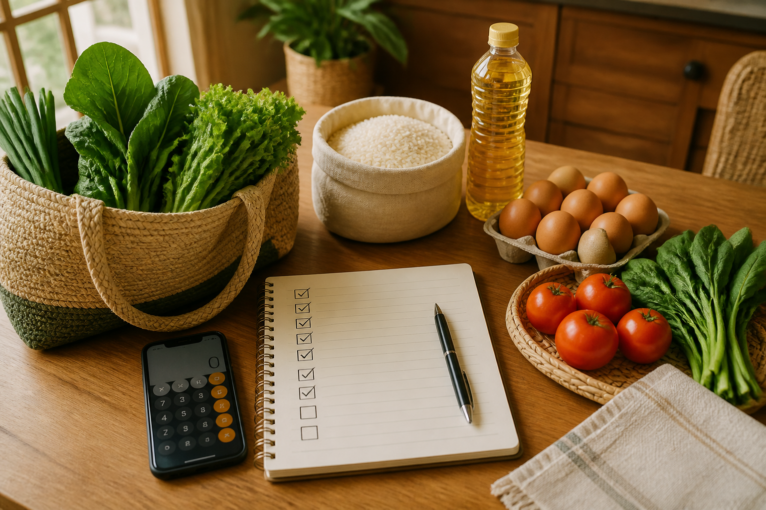 Daftar belanja harian di meja dapur bersama beras, telur, sayuran, minyak, dan kalkulator